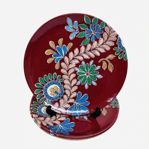 BUNGALOW Set of 4 Melamine 11" Dinner Plates Burgundy Floral Summer Table Decor - Picture 1 of 4